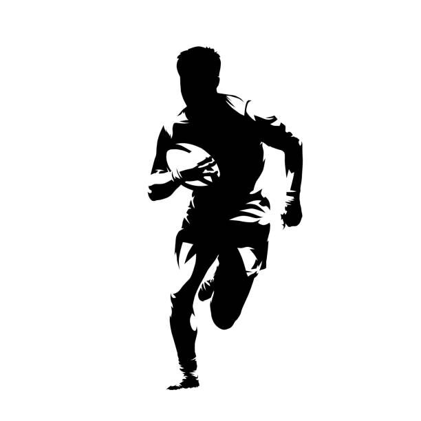 Rugby player running with ball, isolated vector silhouette, ink drawing Rugby player running with ball, isolated vector silhouette, ink drawing
